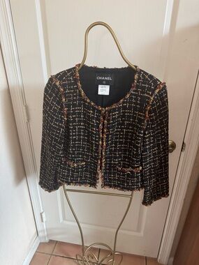 CHANEL Black Tweed Jacket with Gold and Burgundy Trim